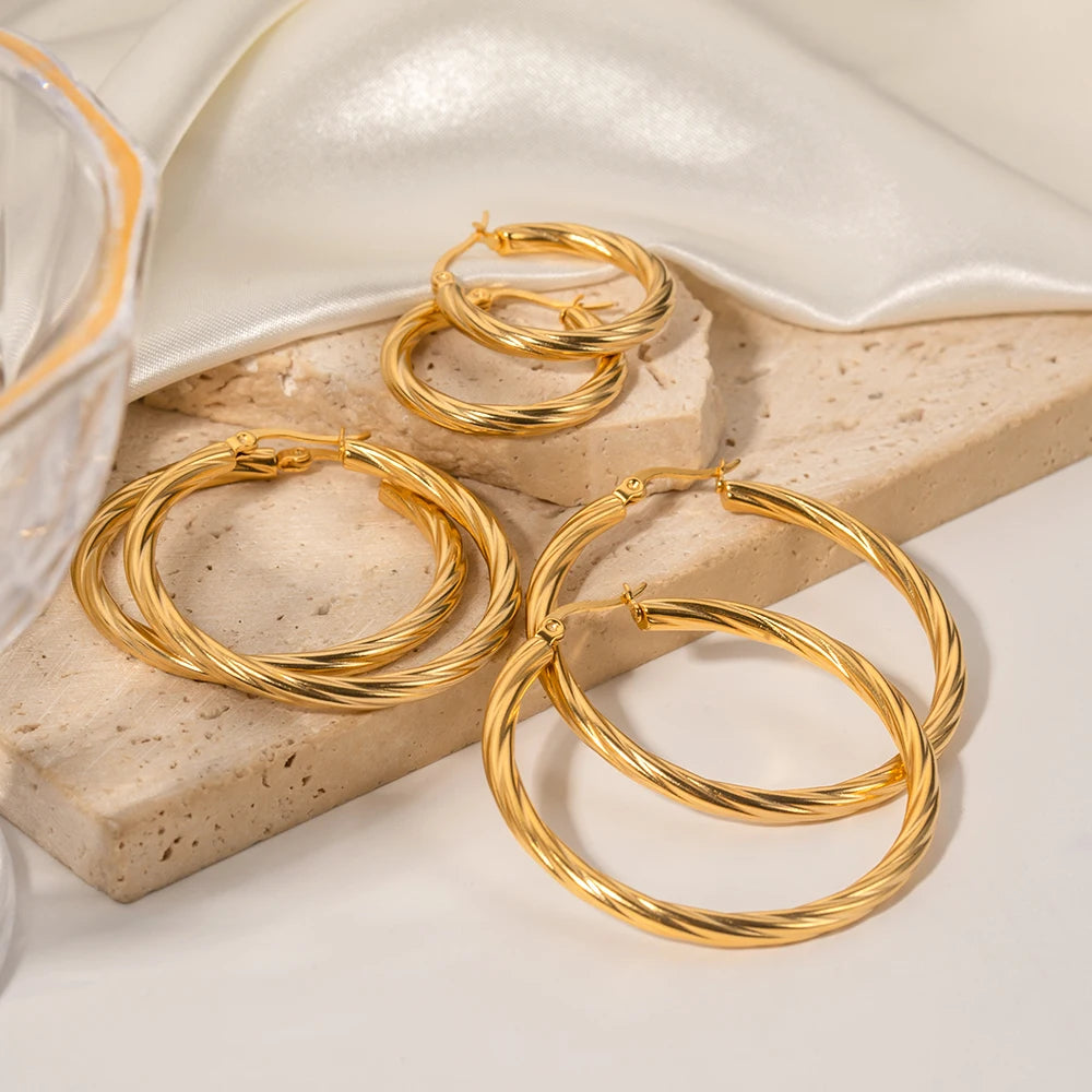 Stainless Steel Metal Twist Wrap Round Chic Hoop Earrings for High Quality Waterproof Jewelry Bijoux Femme