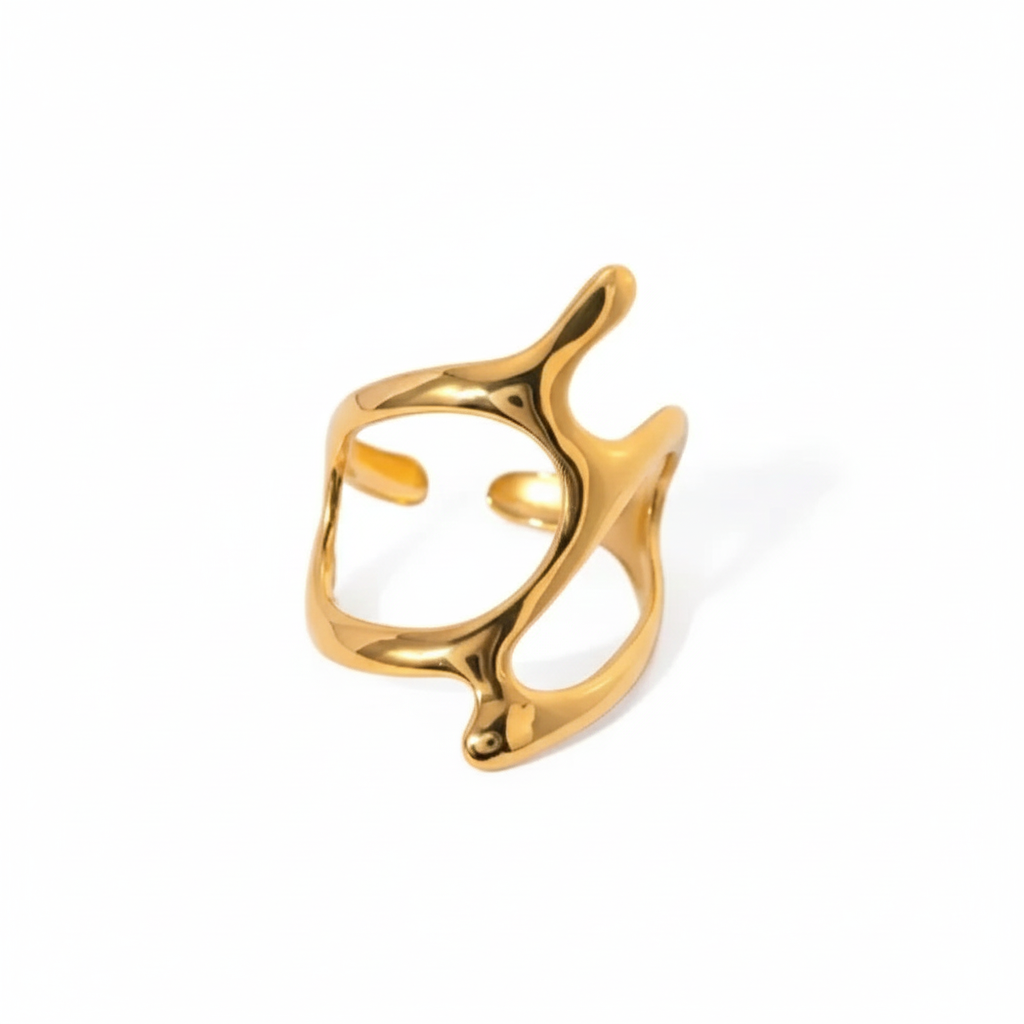 Chunky Wavy Contour Ring | 18K Gold Plated Molten Adjustable Band | Organic Waterproof Stainless Steel Statement Jewelry