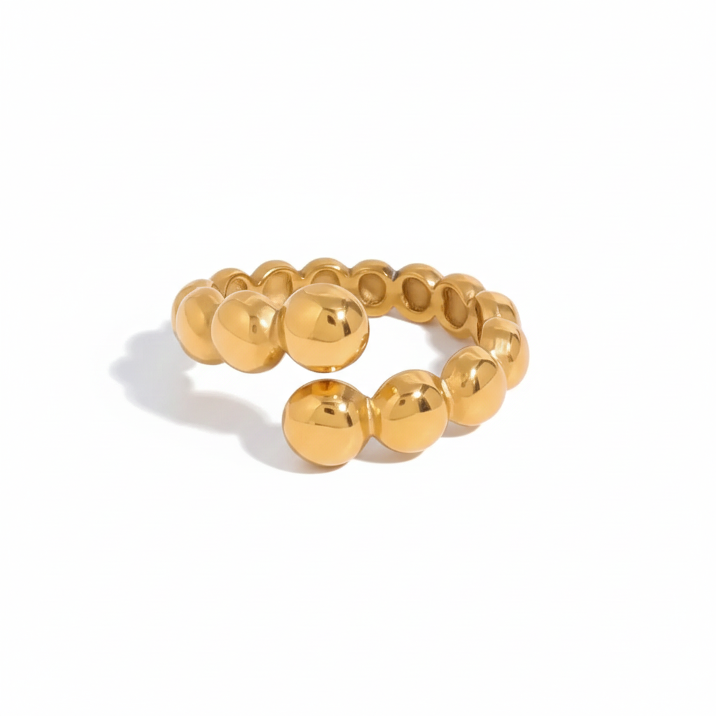 18K Gold Plated Bubble Bead Open Ring | Adjustable Waterproof Ball Chain Ring | Available in Gold & Silver