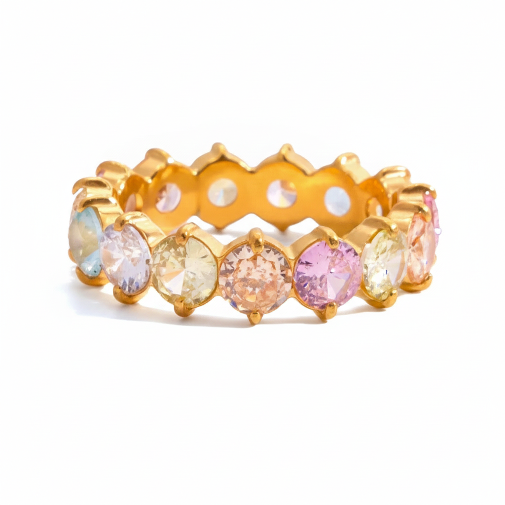 Luxurious Gold Plated Ruby Eternity Ring | Stackable Pink Gemstone Band | Dainty Full Circle Jewelry for Women