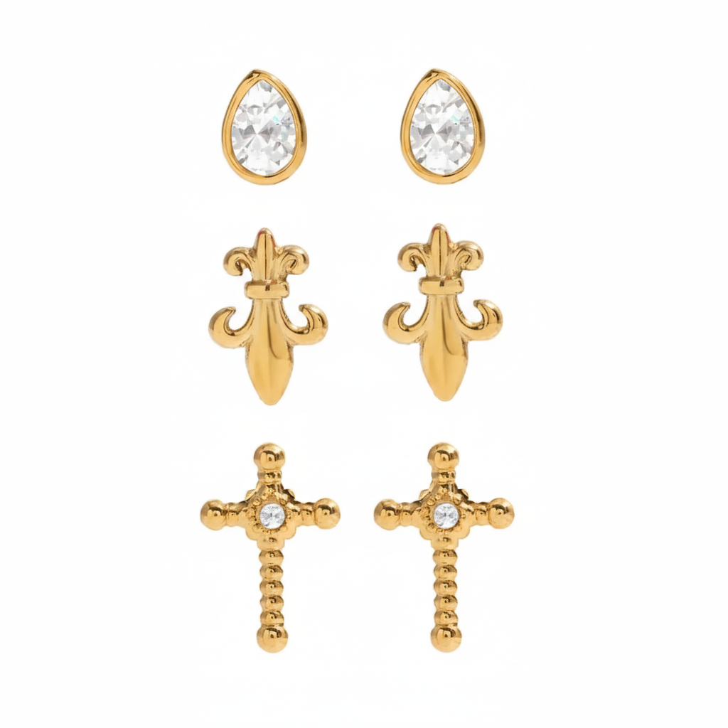 3 Pairs/Set Water Drop Snake Cross Stud Earrings For Women 18K Gold Plated Stainless Steel Earrings Fashion Jewelry