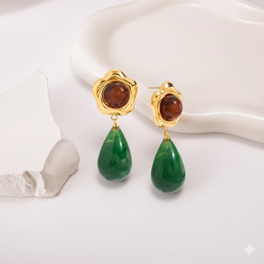 18K Gold Plated Green Drop Earrings – Waterproof Tarnish-Free Modern Statement Jewelry for Women