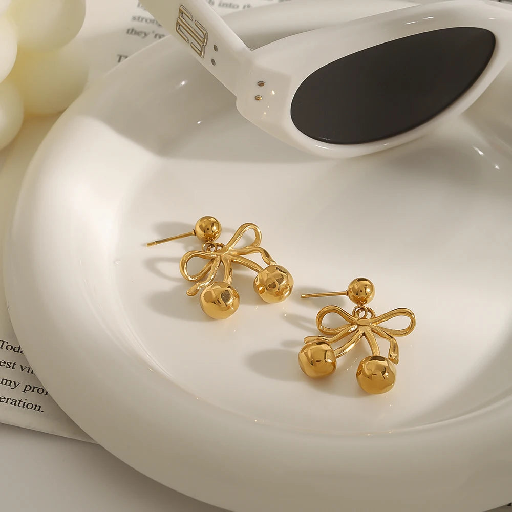 18K Gold Plated Bow Cherry Drop Earrings – Waterproof Tarnish-Free Statement Jewelry for Women