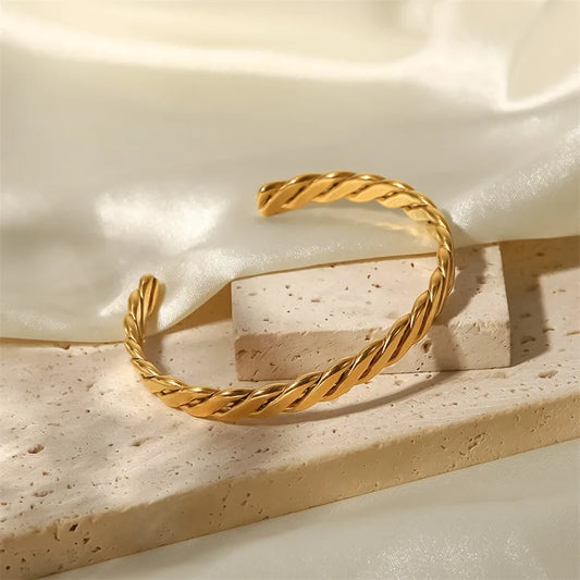 Gold Plated Twisted Rope Open Cuff Bracelet for Women | Waterproof & Tarnish-Free Jewelry