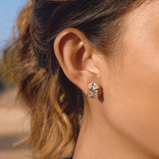 18K Vergulde Dubbele Steen CZ Oorknopjes | Waterdichte Peer & Prinses Slijpsel Kristal Oorbellen | Diamant Stijl Toi et Moi Oorknopjes