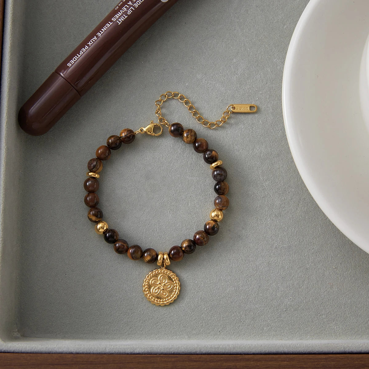 Gold Plated Tiger Eye Charm Bracelet for Women | Waterproof & Tarnish-Free Beaded Jewelry