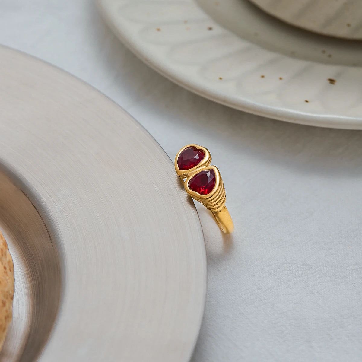 18K Gold Plated Double Red Heart Crystal Ring | Waterproof Toi et Moi Statement Ring | Bezel Set Heart Ring
