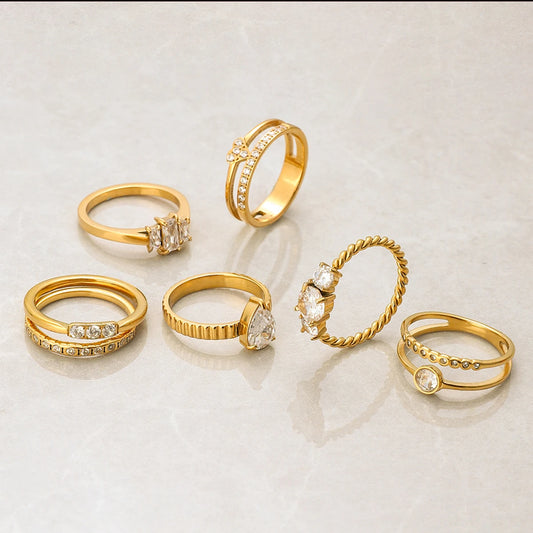 18K vergulde kristallen ring set van 6 | Waterdichte stapelbare ringenset | CZ Diamant stijl gouden ringencollectie