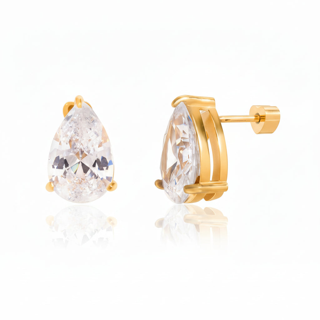 18K Gold Plated Chunky Huggie Hoop Earrings and stud with CZ Drop Charm | Waterproof Pear & Marquise Cut Diamond Style Earrings