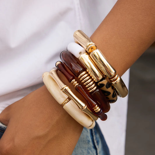 Gold Plated Bamboo Bangle Bracelets for Women | Waterproof & Tarnish-Free Stackable Resin Jewelry