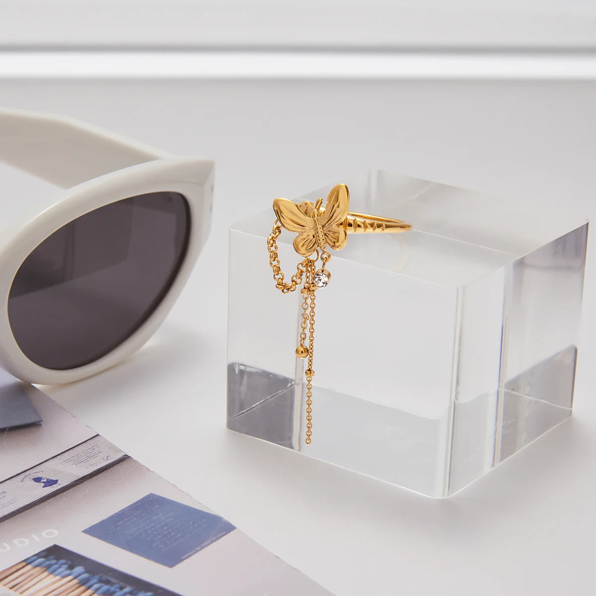 Chic & Trendy Dangle Charm Ring Set - Stackable Gold and Silver Stainless Steel