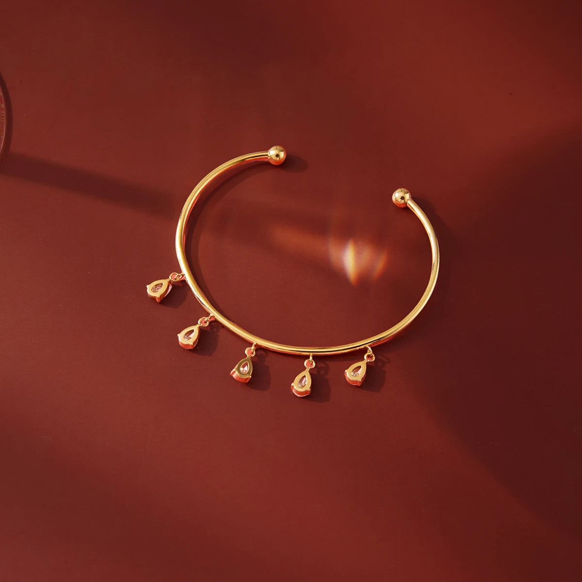 18K Gold Plated Open Cuff Bangle with Pear Cut CZ Drop Charms | Waterproof Five Stone Teardrop Charm Bangle | Diamond Style Bridal Cuff Bracelet