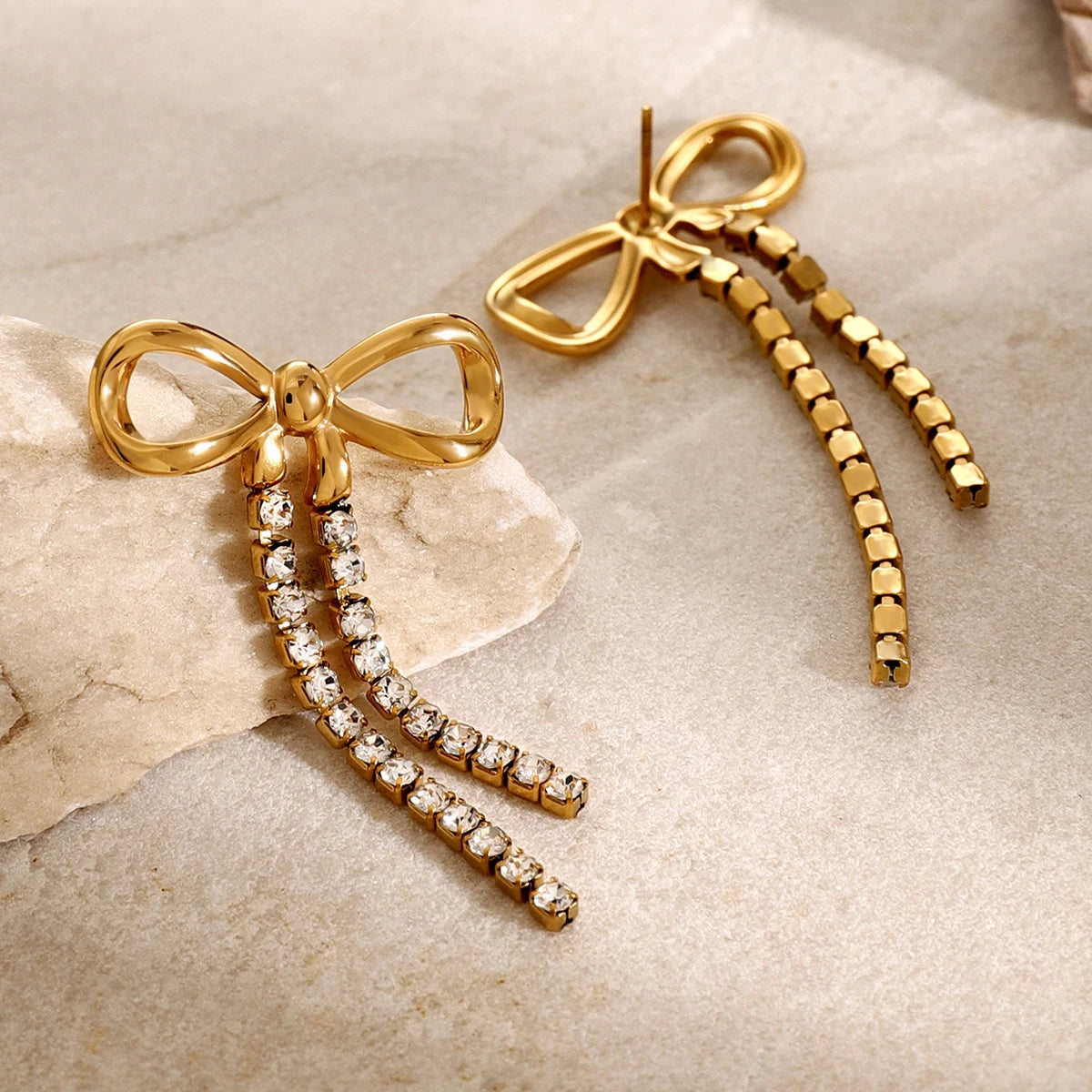 18K vergulde strik kristallen druppel oorbellen – Waterdicht aanslagvrij elegante statement sieraden voor dames