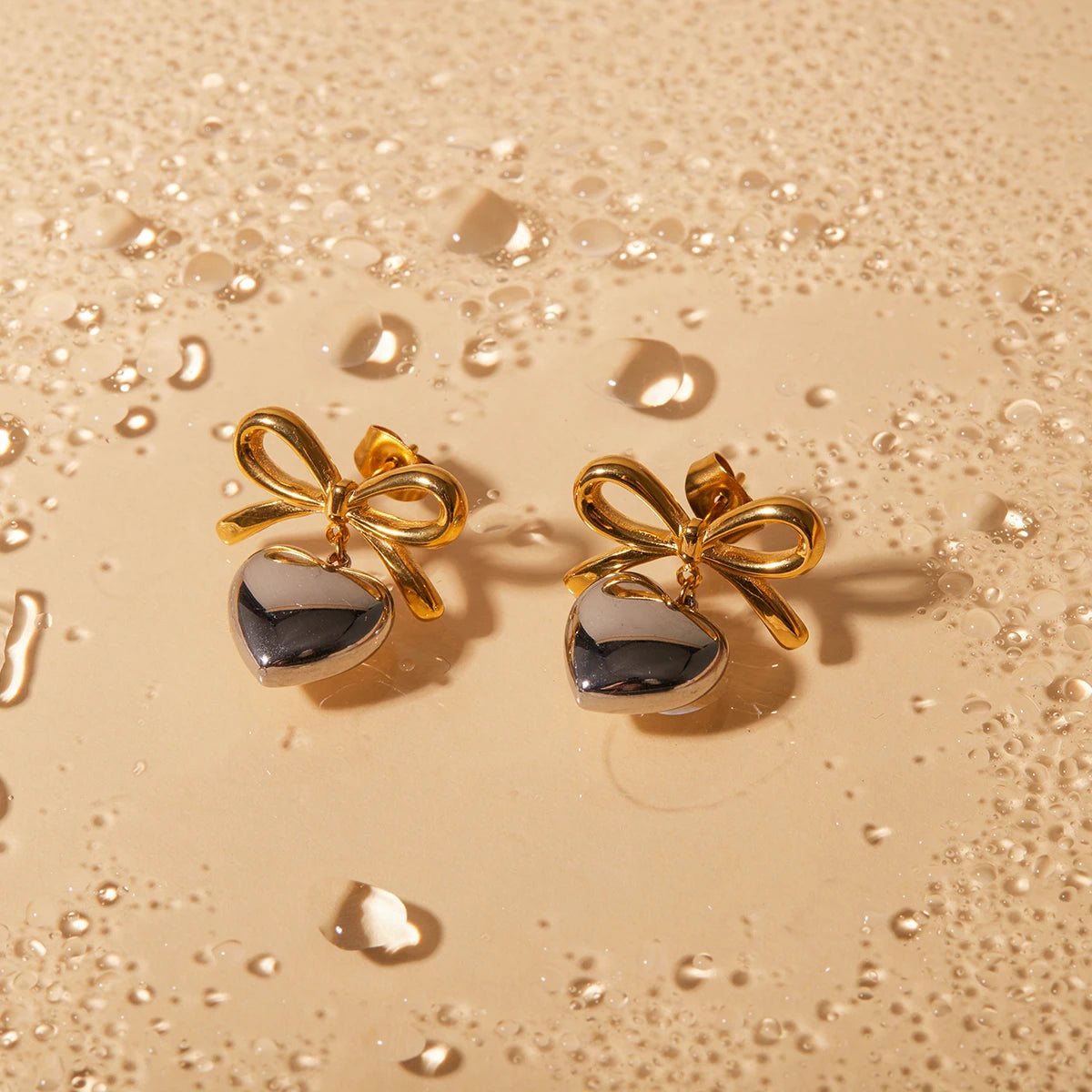 Bow Heart Drop Earrings for Women – Gold Plated Waterproof Tarnish Free Stainless Steel Fashion Jewellery