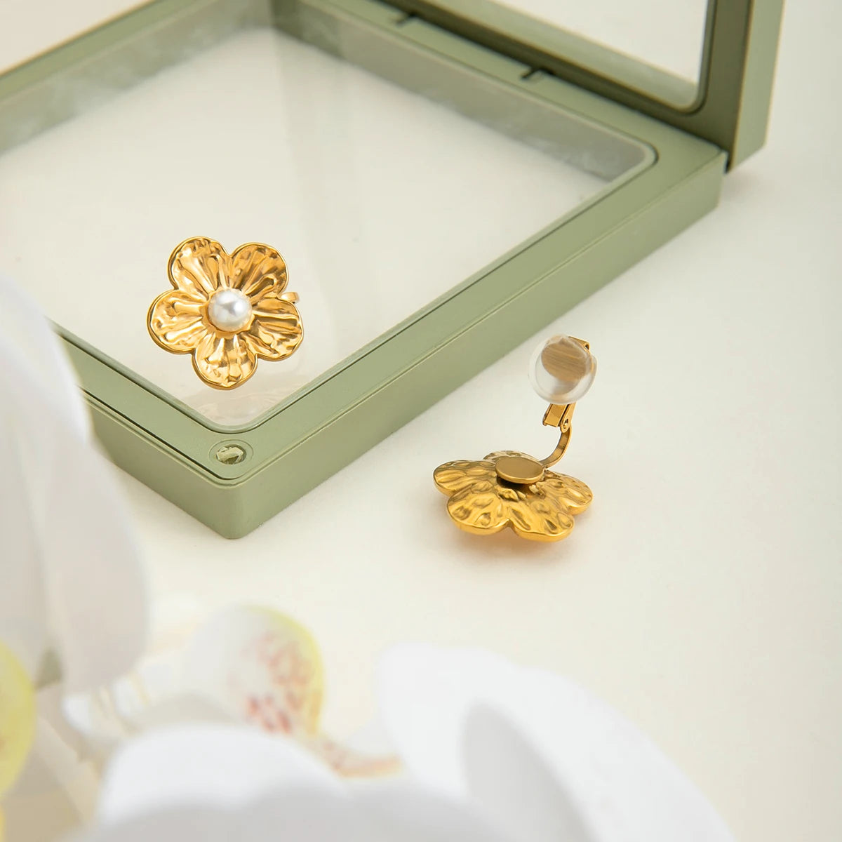 Gold Plated Flower Pearl Clip-On Earrings for Women – Waterproof Tarnish Free Stainless Steel Fashion Jewellery