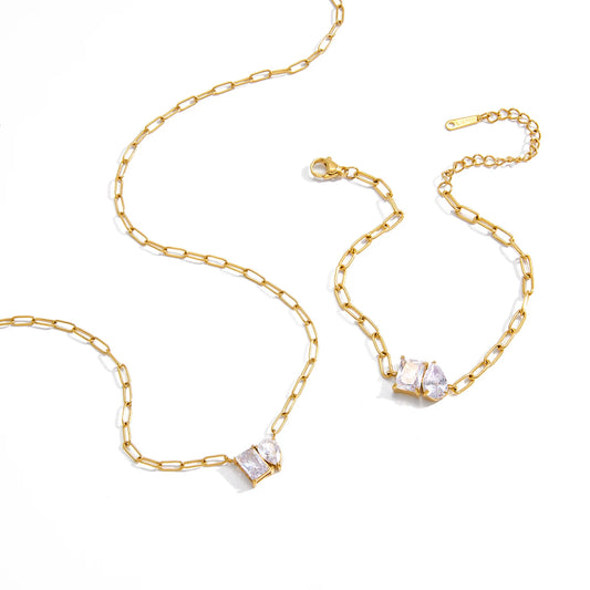 18K Verguld Kristallen Ketting en Armband Set | Elegante Minimale Sieraden