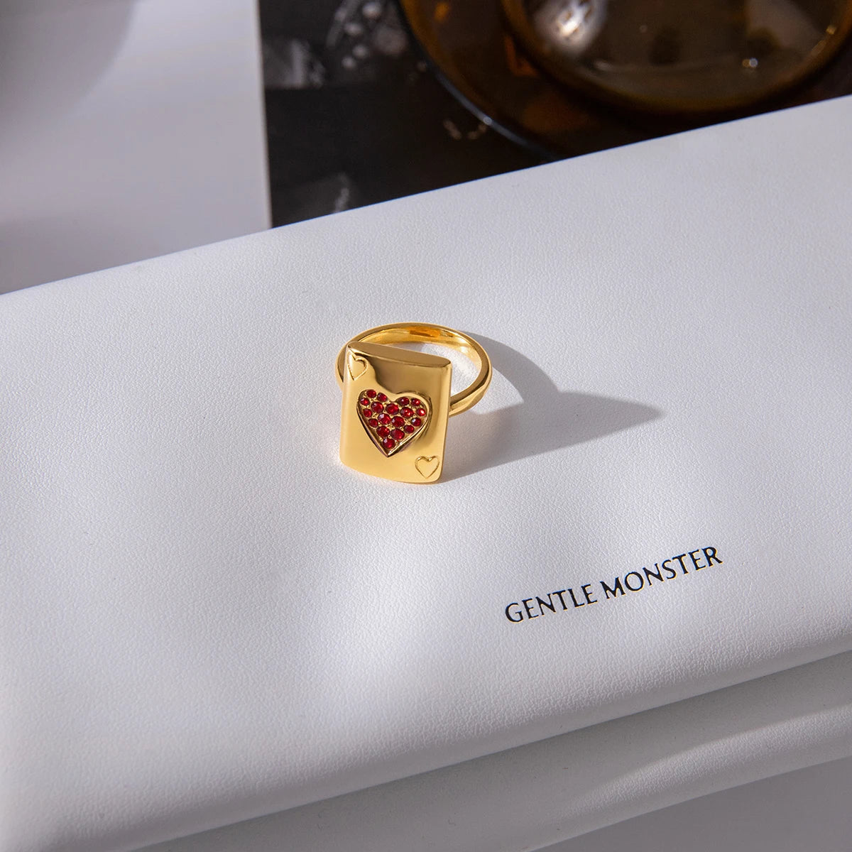 18K Gold Plated Red Crystal Heart Signet Ring | Waterproof Statement Ring | Playing Card Ace of Hearts Ring