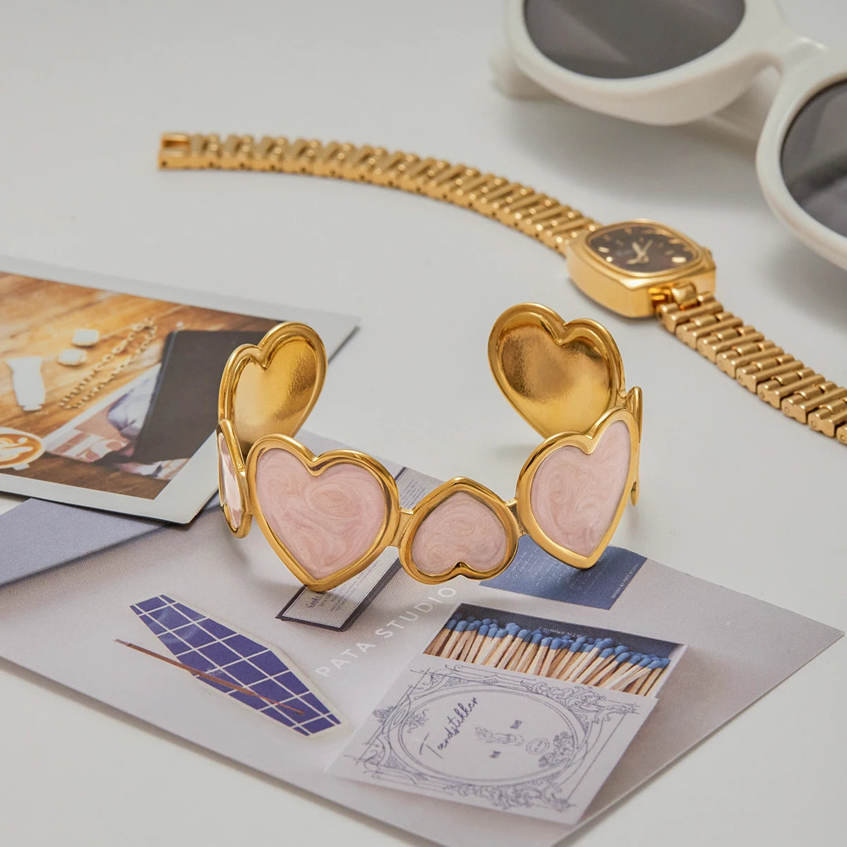 Gold Plated Pink Heart Open Cuff Bracelet for Women | Waterproof & Tarnish-Free Jewelry