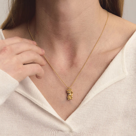 18K vergulde kattenhanger ketting | Gelukskat bedelketting voor kattenliefhebbers