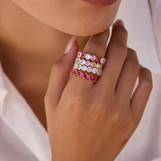 Luxurious Gold Plated Ruby Eternity Ring | Stackable Pink Gemstone Band | Dainty Full Circle Jewelry for Women
