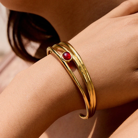 Gold Red Stone Bangle Bracelet for Women | Waterproof Gold Plated Statement Jewellery