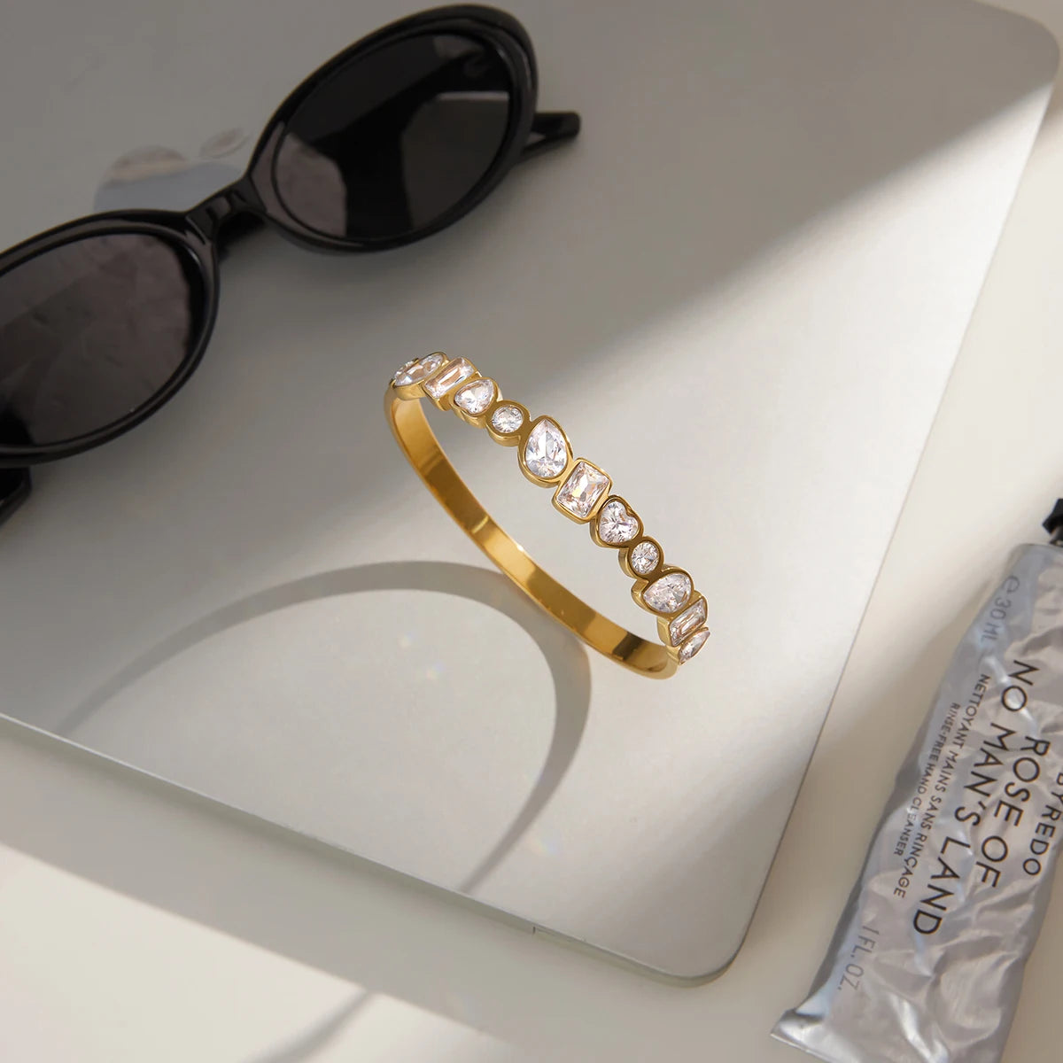 18K Gold Plated Multi-Shape CZ Bangle Bracelet | Waterproof Mixed Cut Crystal Bezel Bangle | Diamond Style Statement Bangle