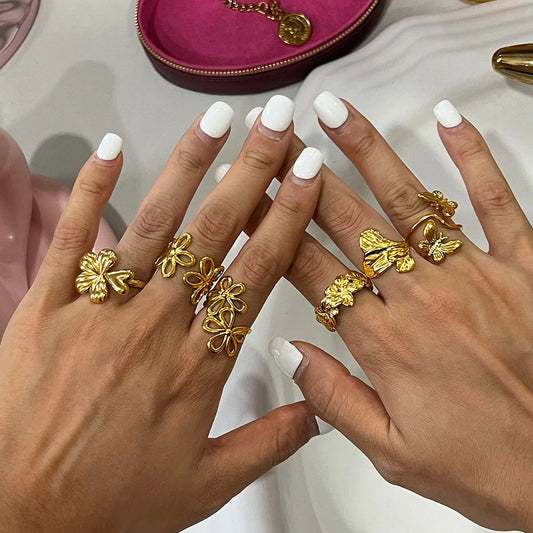 18K Gold Plated Floral & Butterfly Ring Collection – Waterproof, Tarnish-Free Statement Rings