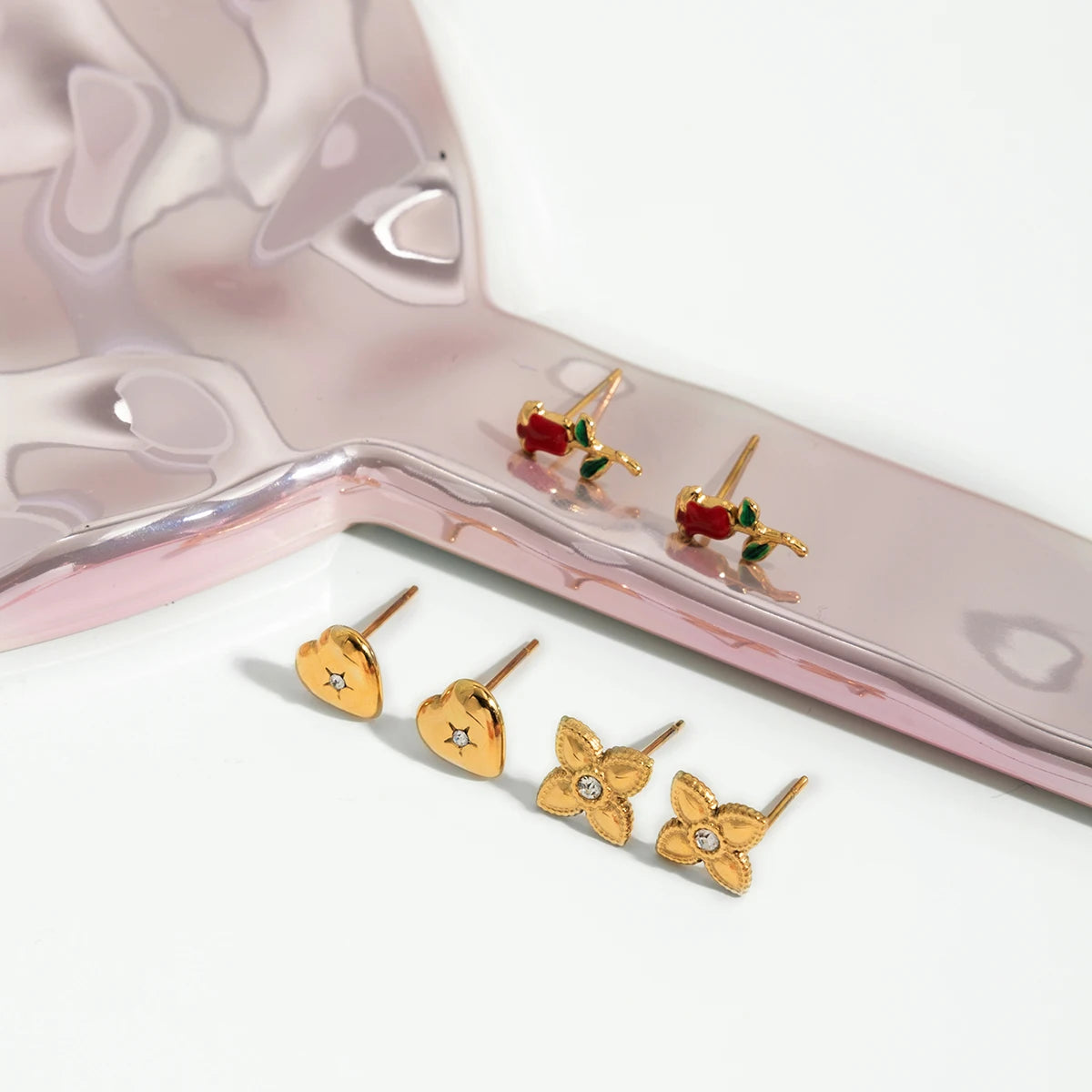Gold Plated Stud Earrings Set for Women – Waterproof Tarnish Free Stainless Steel Floral, Heart & Rose Design Jewellery (3 Pairs)