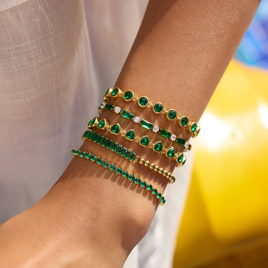 Gold Plated Emerald Green Bracelet Set for Women | Waterproof & Tarnish-Free Stackable Jewelry