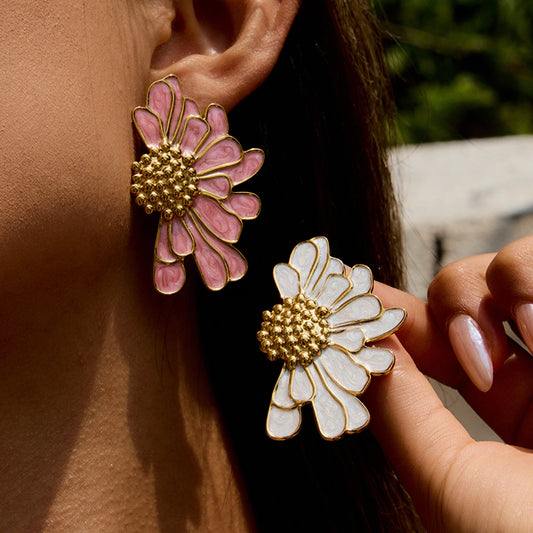 18K Gold Plated Floral Stud Earrings Set for Women – Waterproof Tarnish Free Stainless Steel Jewellery (Pink & White Variants)
