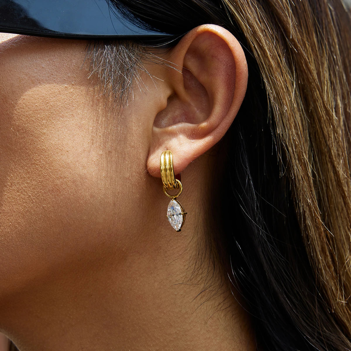 18K Gold Plated Chunky Huggie Hoop Earrings and stud with CZ Drop Charm | Waterproof Pear & Marquise Cut Diamond Style Earrings