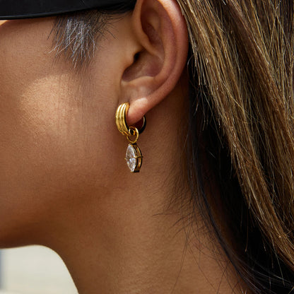 18K Gold Plated Chunky Huggie Hoop Earrings and stud with CZ Drop Charm | Waterproof Pear & Marquise Cut Diamond Style Earrings
