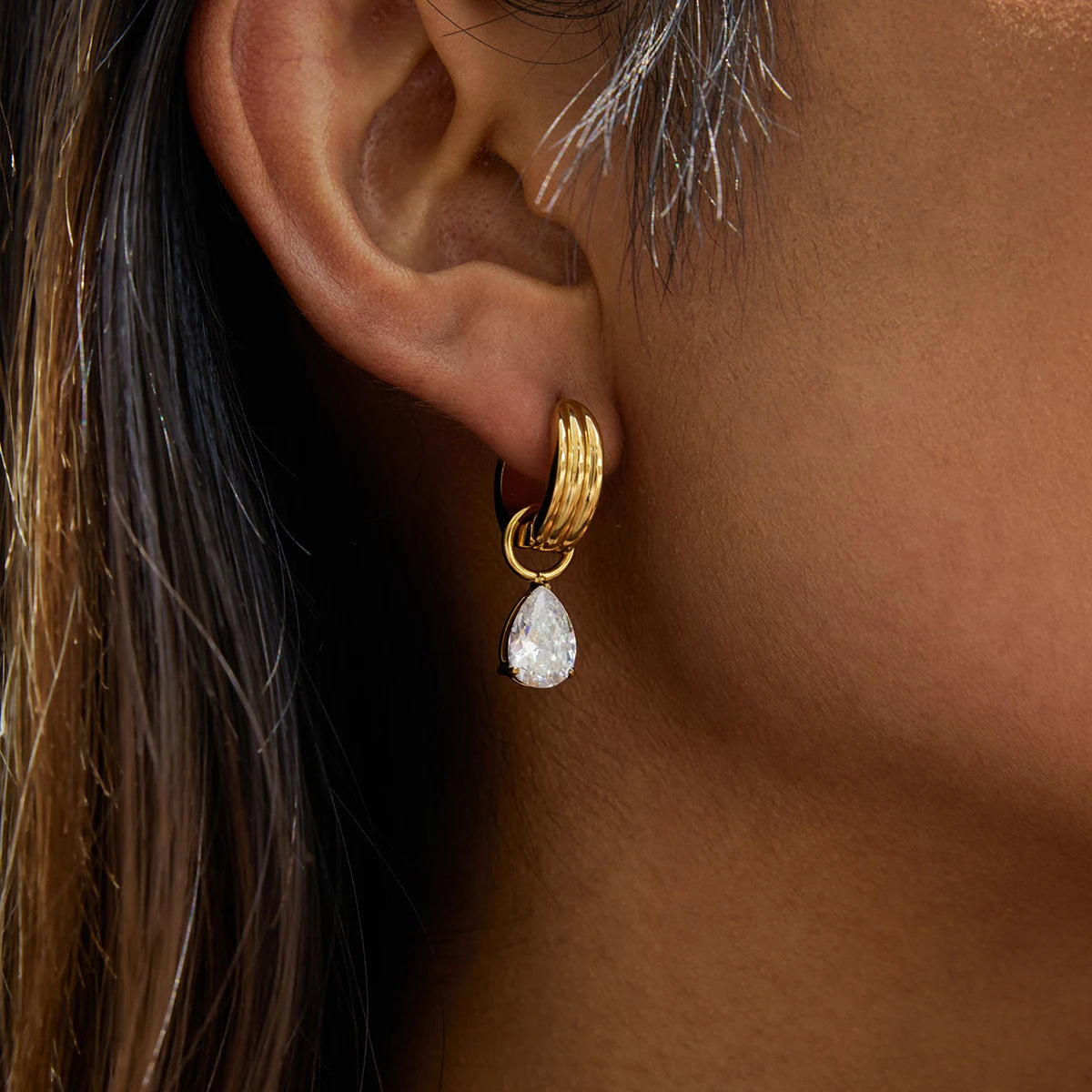 18K Gold Plated Chunky Huggie Hoop Earrings and stud with CZ Drop Charm | Waterproof Pear & Marquise Cut Diamond Style Earrings