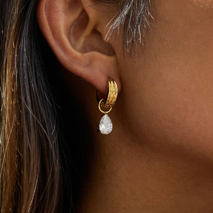 18K Gold Plated Chunky Huggie Hoop Earrings and stud with CZ Drop Charm | Waterproof Pear & Marquise Cut Diamond Style Earrings