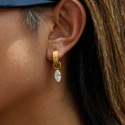 18K Gold Plated Chunky Huggie Hoop Earrings and stud with CZ Drop Charm | Waterproof Pear & Marquise Cut Diamond Style Earrings