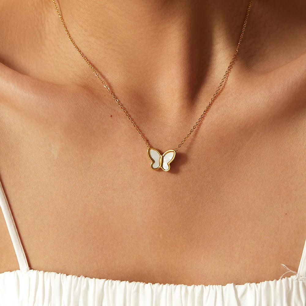 Vergulde Parelmoer Vlinder Ketting | Fijn Roestvrijstalen Waterdichte Hanger Sieraden