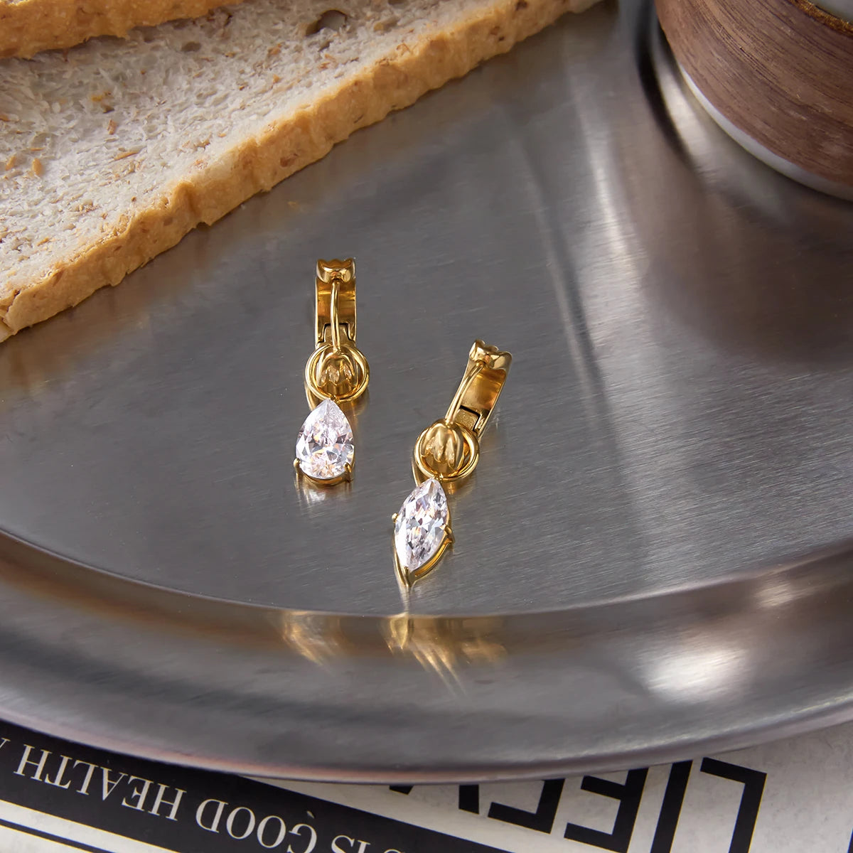 18K Gold Plated Chunky Huggie Hoop Earrings and stud with CZ Drop Charm | Waterproof Pear & Marquise Cut Diamond Style Earrings