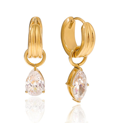 18K Gold Plated Chunky Huggie Hoop Earrings and stud with CZ Drop Charm | Waterproof Pear & Marquise Cut Diamond Style Earrings