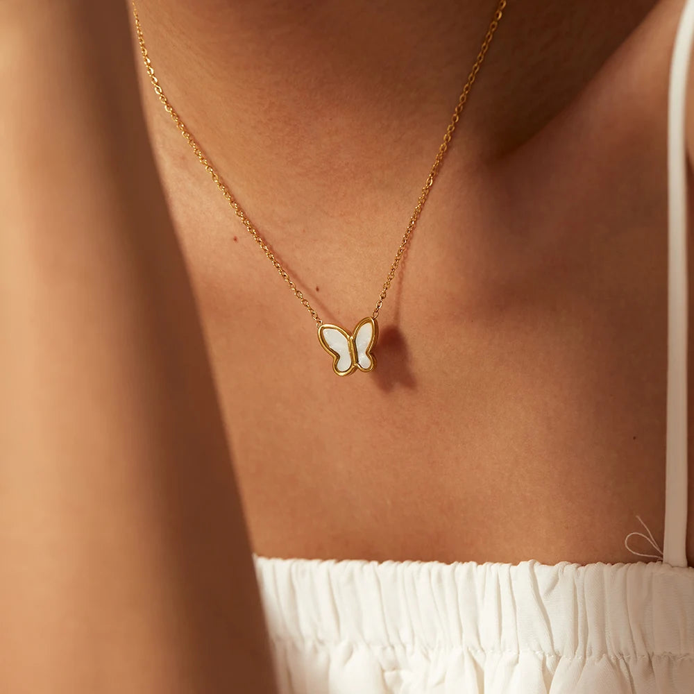 Vergulde Parelmoer Vlinder Ketting | Fijn Roestvrijstalen Waterdichte Hanger Sieraden