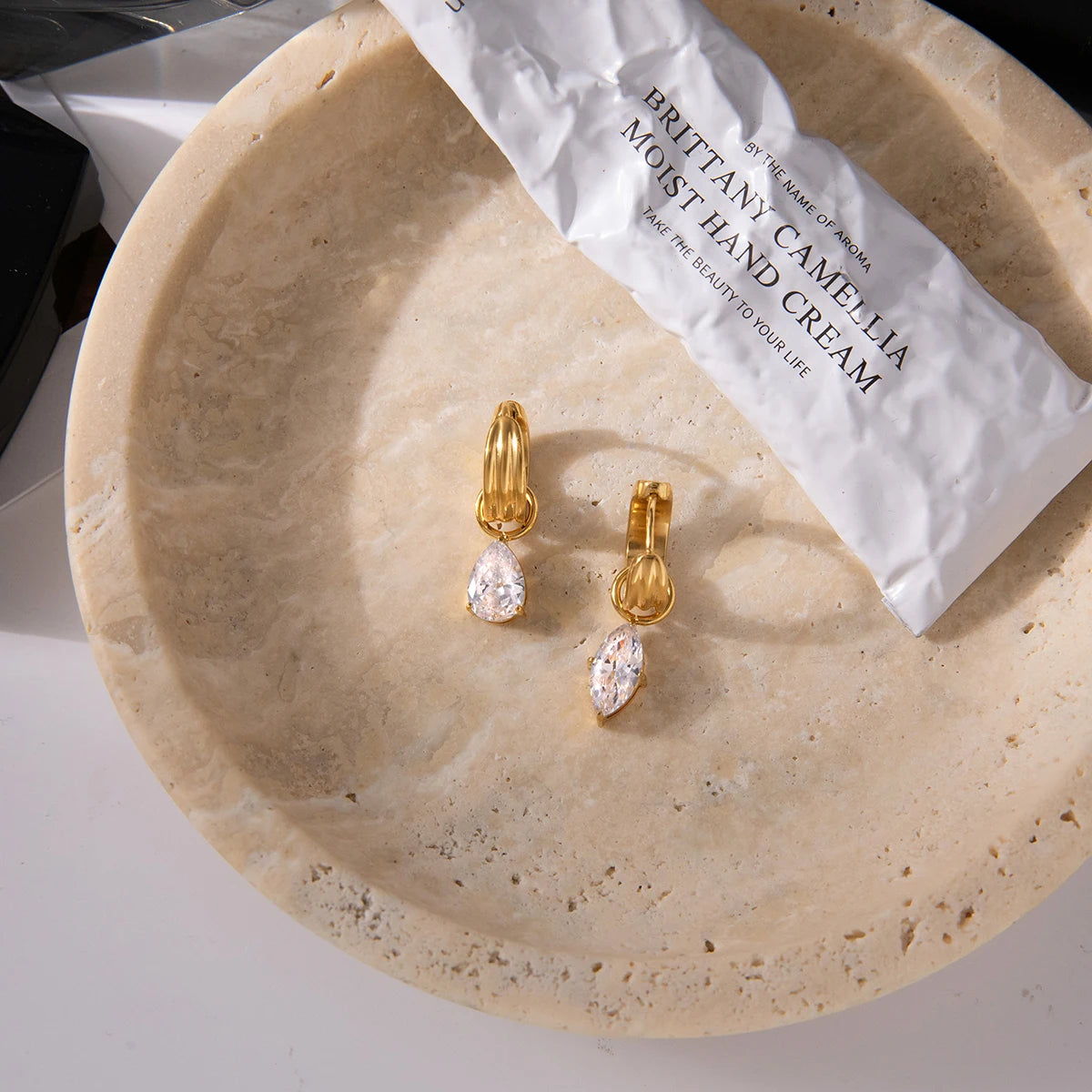 18K Gold Plated Chunky Huggie Hoop Earrings and stud with CZ Drop Charm | Waterproof Pear & Marquise Cut Diamond Style Earrings