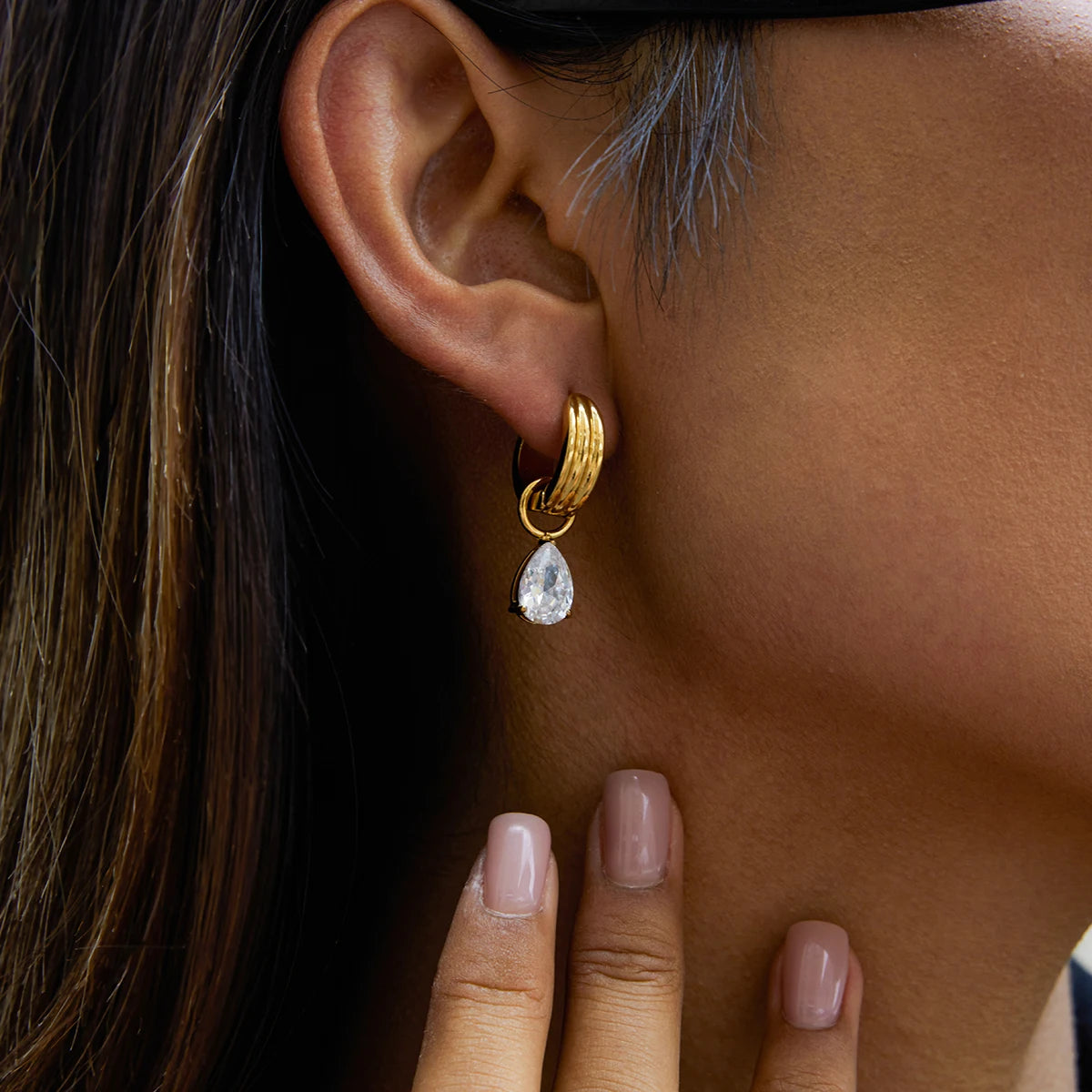 18K Gold Plated Chunky Huggie Hoop Earrings and stud with CZ Drop Charm | Waterproof Pear & Marquise Cut Diamond Style Earrings
