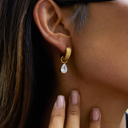 18K Gold Plated Chunky Huggie Hoop Earrings and stud with CZ Drop Charm | Waterproof Pear & Marquise Cut Diamond Style Earrings