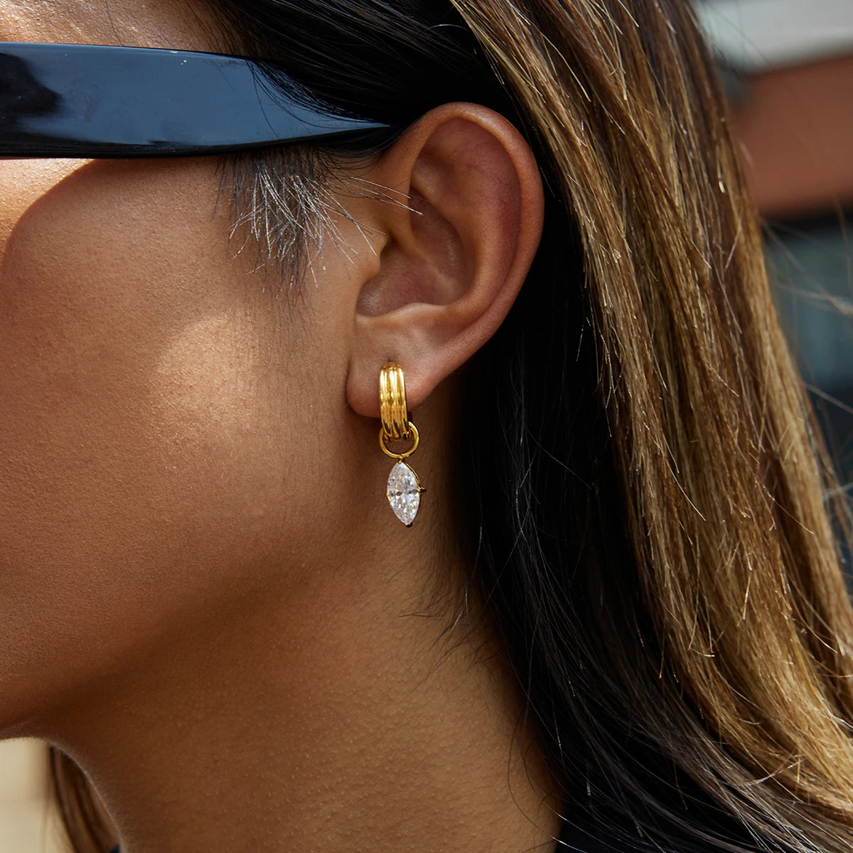 18K Gold Plated Chunky Huggie Hoop Earrings and stud with CZ Drop Charm | Waterproof Pear & Marquise Cut Diamond Style Earrings
