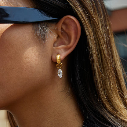 18K Gold Plated Chunky Huggie Hoop Earrings and stud with CZ Drop Charm | Waterproof Pear & Marquise Cut Diamond Style Earrings