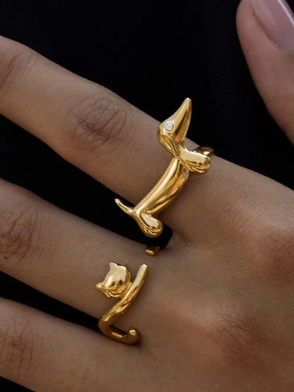 18K Gold-Plated Dog & Cat Adjustable Ring | Pet Lover Animal Open Ring for Men & Women