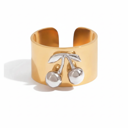 Chunky Two-Tone Gold & Silver Stainless Steel Statement Ring | Modern Wide Band Heart & Cherry Design | Waterproof Bicolor Fashion Jewelry