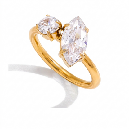 18K Gold Plated Double Stone CZ Open Ring | Waterproof Toi et Moi Ring | Round, Marquise & Pear Cut Diamond Style Ring