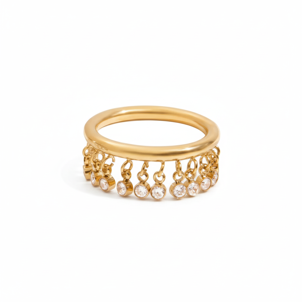 Dainty Dangle Charm Ring | 18K Gold Plated Tassel Ring with CZ Stones | Adjustable Waterproof Fashion Jewelry for Women