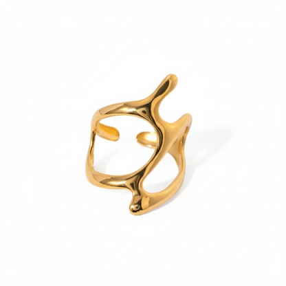 Chunky Wavy Contour Ring | 18K Gold Plated Molten Adjustable Band | Organic Waterproof Stainless Steel Statement Jewelry