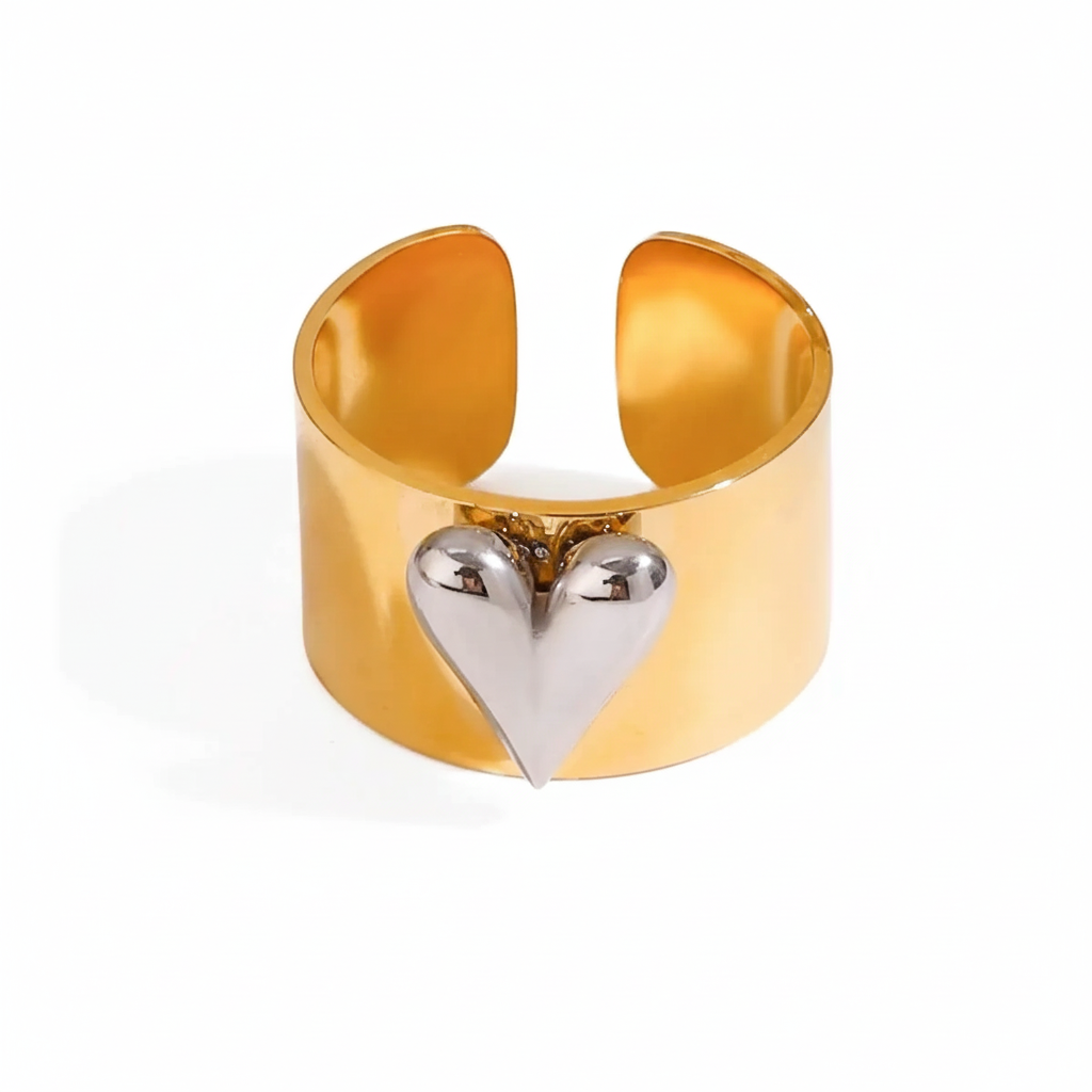 Chunky Two-Tone Gold & Silver Stainless Steel Statement Ring | Modern Wide Band Heart & Cherry Design | Waterproof Bicolor Fashion Jewelry